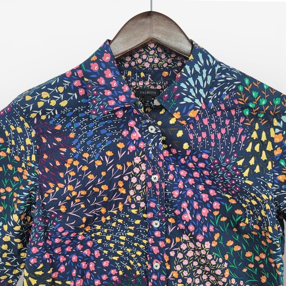 Talbots Womens XS Button Down Shirt Cotton Floral Navy Multicolor Classic - Picture 2 of 5